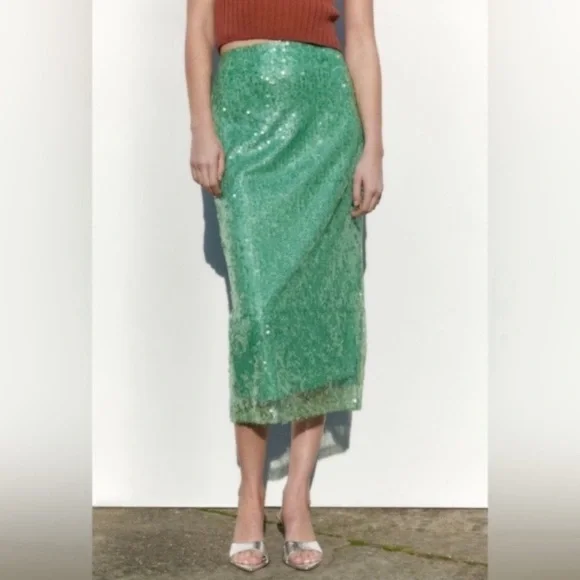 ZARA Sea Green Sequin Lace Pencil Skirt - Picture 14 of 16